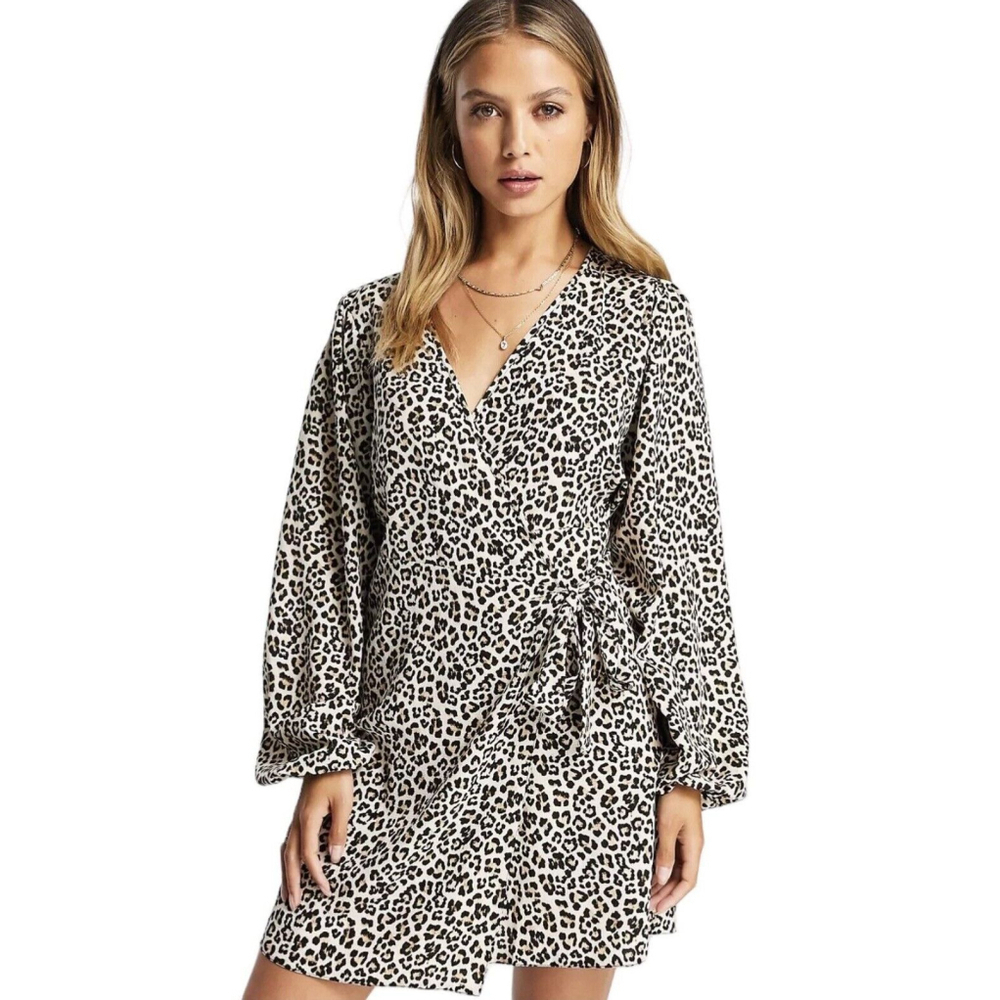 Asos Design Leopard Print Wrap Puff Sleeve Mini Dress Size US 8 NWT